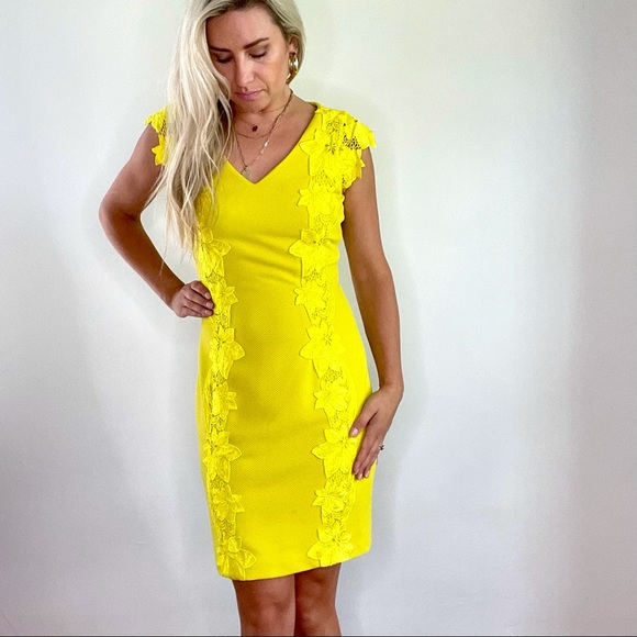 Badgley Mischka Chartreuse Yellow Lace Dress sz 4 - Picture 3 of 14